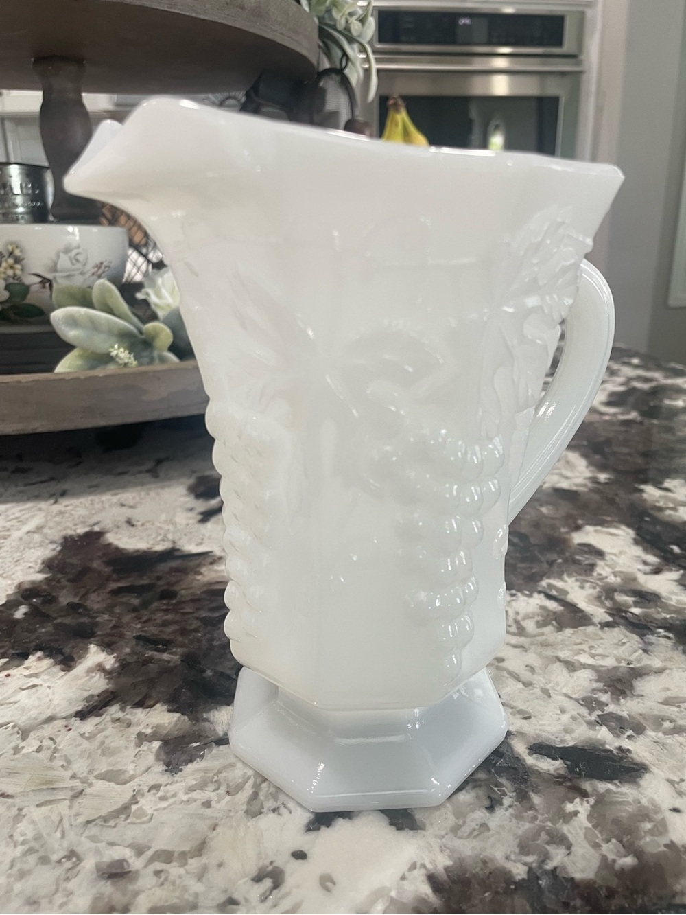 Anchor Hocking grapes & Leaves White Milk Glass Pitcher - Vintage 7”